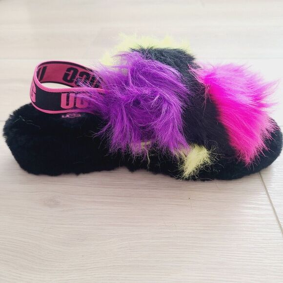 New Ugg Fluff Yeah Party Spots Slide Slippers 7 Black Neon Multi Faux Fur - Picture 3 of 9